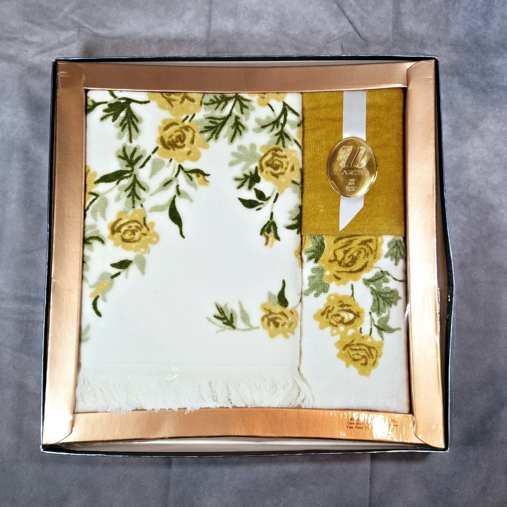 NIB Vintage 60s Martex Needle‎ Point Floral Towels Yellow White 2 Face 1 Bath